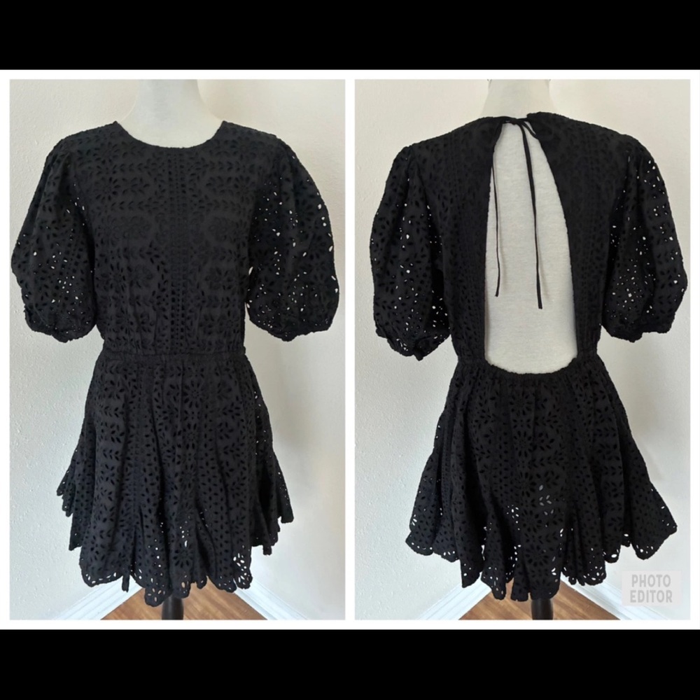 RHODE Womens Black Anglaise Embroidered Puff Sleeve Party Cocktail Dress Sz L